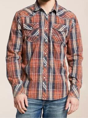 BKE Vintage 67 Shirt Mens XL Blue Orange Plaid Snap Button Distressed **READ**